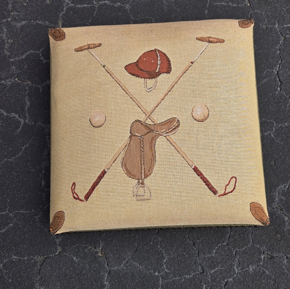 Vintage Equestrian Horse Saddle Helmet Polo Mallet Tapestry Footstool 14 X 14